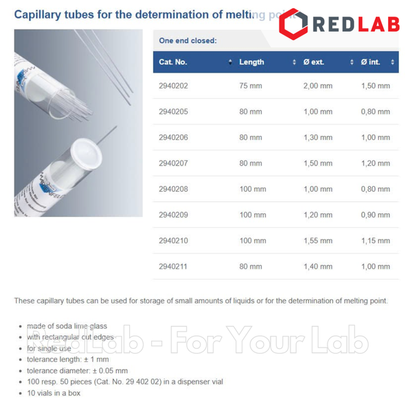 Ống mao quản đo điểm nóng chảy MARIENFELD Đức 1 đầu kín 1 đầu hở, nhiều kích thước (hộp 100 cái) có VAT