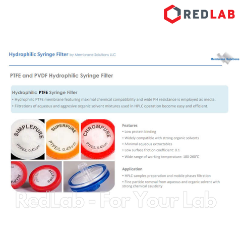 Đầu lọc sắc ký PTFE ưa nước MEMBRANE SOLUTIONS 13mm lỗ lọc 0.22um / 0.45um, hydrophilic syringe filter, có VAT