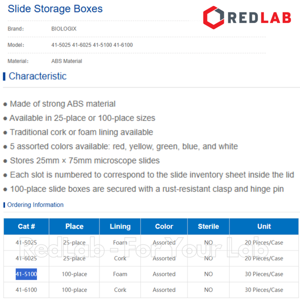 Hộp đựng lam kính hiển vi 100 vị trí BIOLOGIX 41-5100 cho lam 25×75mm, Slide Storage Boxes, nhựa ABS, có VAT