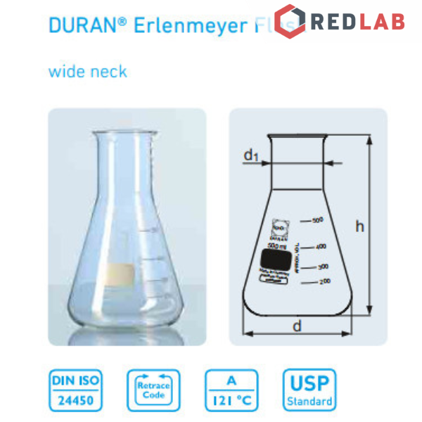Bình tam giác cổ rộng DURAN Class A 50 100 200 250 300 500 1000 2000 ml, Wide neck Erlenmeyer, có VAT