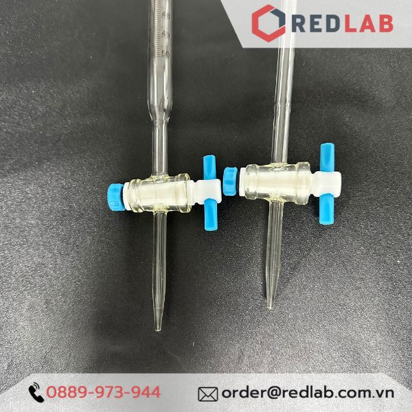 Buret trắng khoá nhựa PTFE ONELAB 10 25 50ml, burette thủy tinh chia vạch cho thí nghiệm chuẩn độ, có VAT