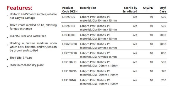 [Gói 10 cái Tiệt trùng] Đĩa Petri nhựa 90x15mm LPR90158 hãng LabPRO Thụy Sỹ, nặng 16g, chiếu xạ chuẩn ISO 11137, có VAT