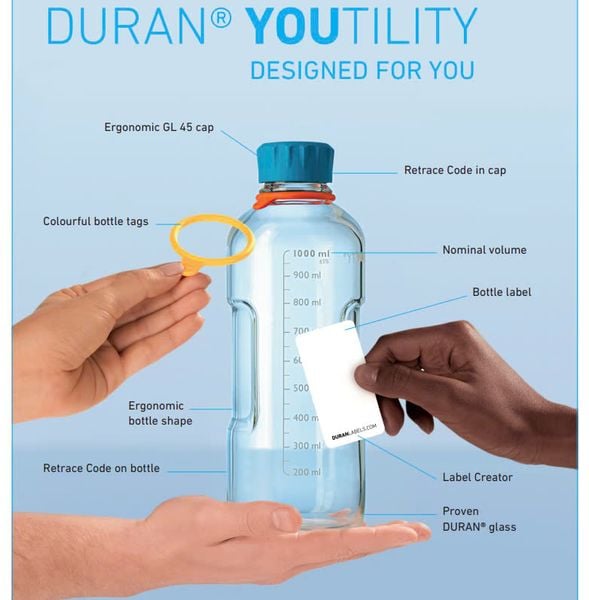 Phụ kiện cho Chai trung tính DURAN Youtility và Original: nắp vặn GL45, vòng đệm, vòng cổ silicon nhiều màu, có VAT