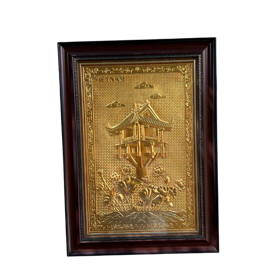  Tranh chùa Một Cột đồng vàng mạ vàng 24k kích thước 38x54cm - Tranh đồng cao cấp 