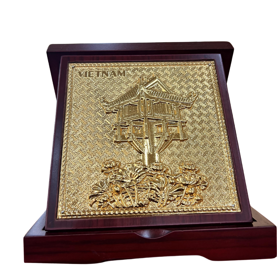  Tranh chùa Một Cột hộp đồng vàng mạ vàng 24k kích thước 16cm - Tranh đồng cao cấp 