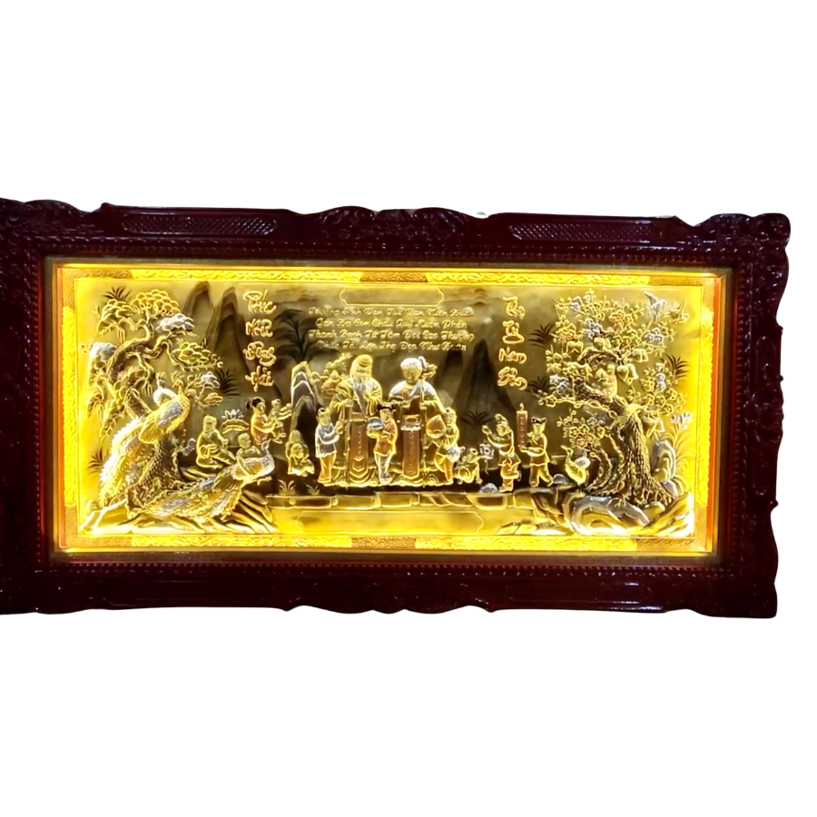  Tranh mừng thọ ông bà đồng vàng nền xước dát khung đục kích thước 80x155cm - Tranh đồng cao cấp 