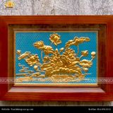  Tranh Hoa Sen 38x54cm mạ vàng 24K nền xanh khung sồi 