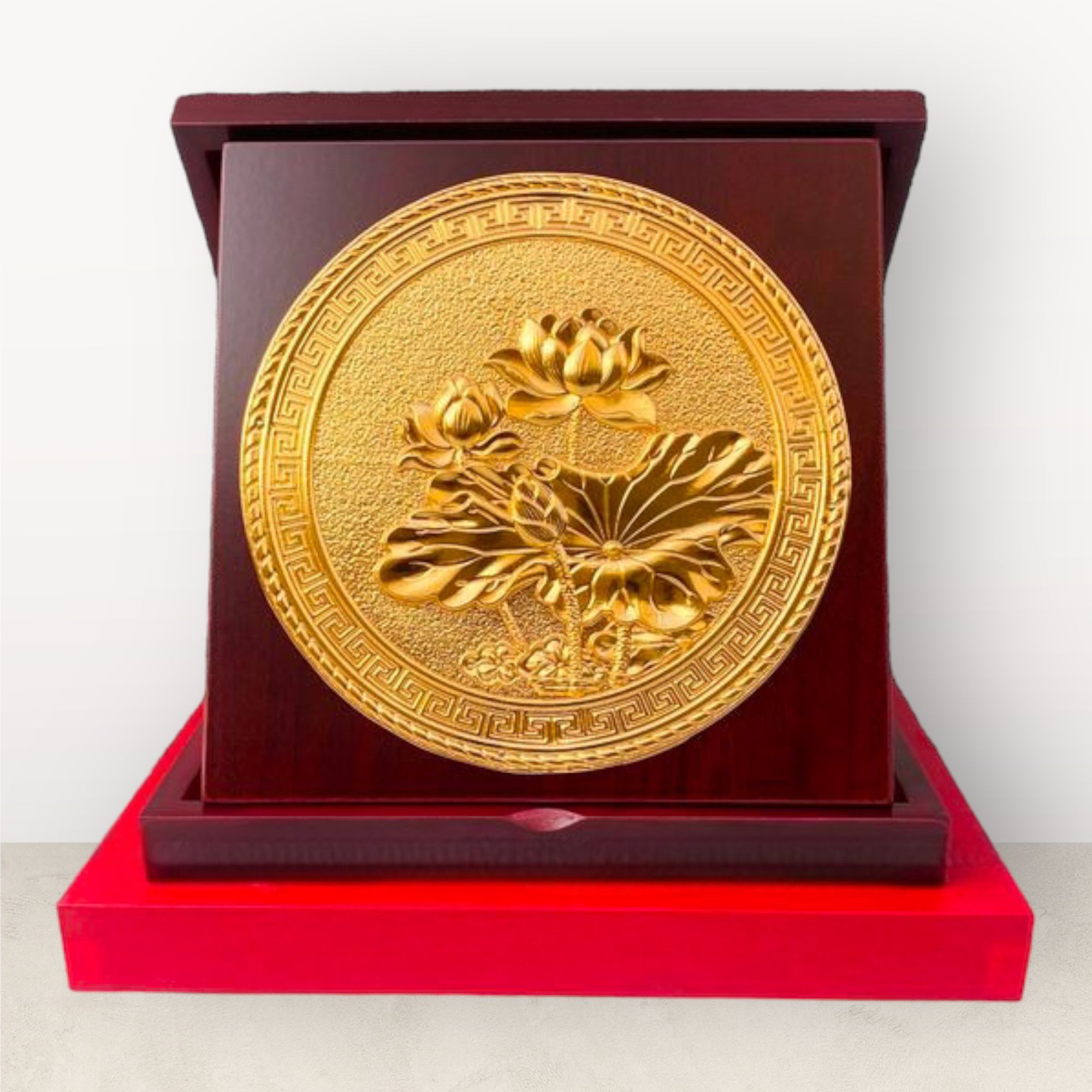  Tranh để bàn hoa sen đồng vàng mạ vàng 24K 23cm 