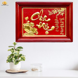  Tranh cha mẹ 38x54cm không mạ nền đỏ khung gỗ sồi 