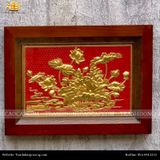  Tranh Hoa Sen 38x54cm mạ vàng 24K nền đỏ khung gỗ sồi 