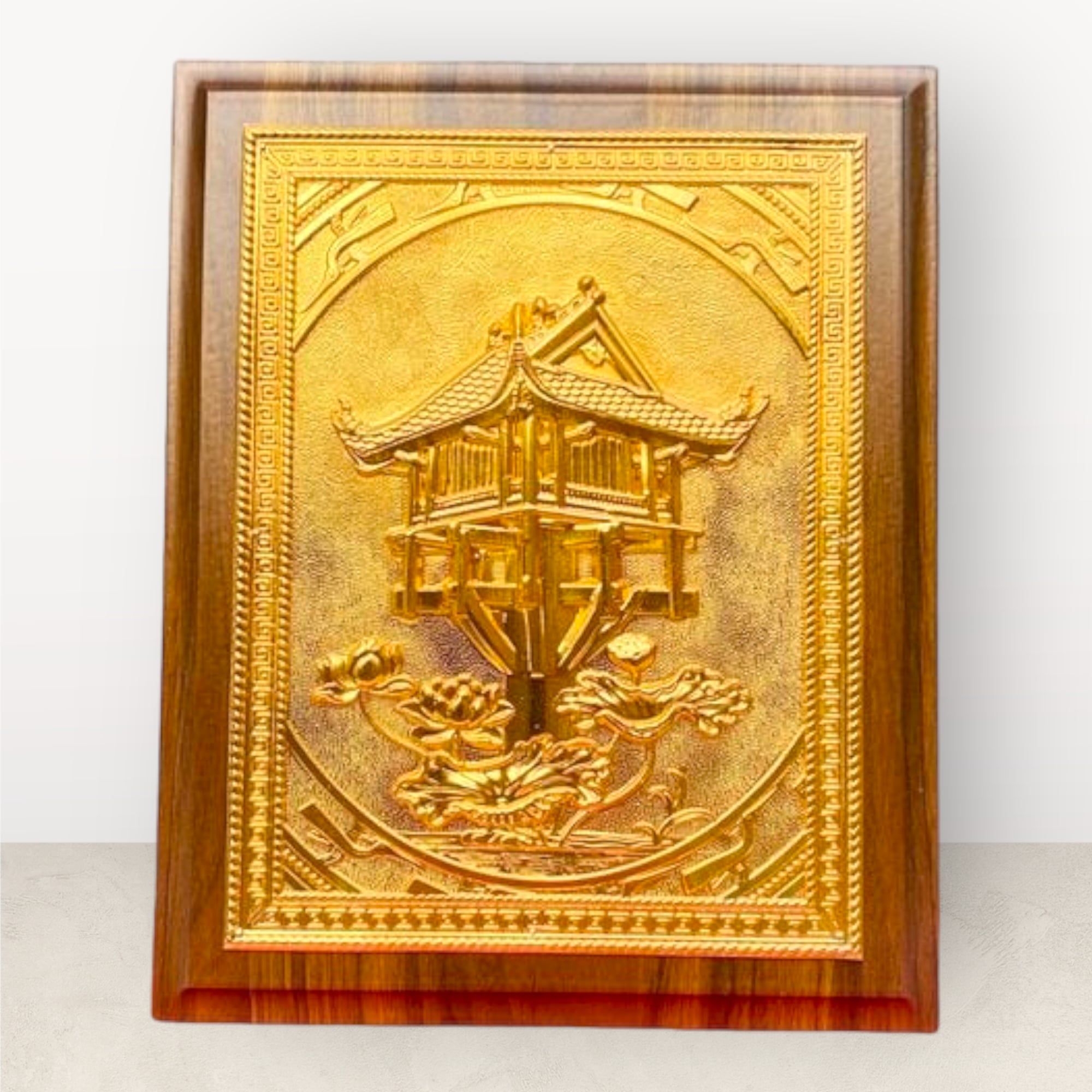  Tranh để bàn Chùa Một Cột đồng vàng mạ vàng 24K 20x25cm 
