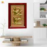 Tranh chữ Phát Lộc 38x54cm đồng vàng nền hồng khung gỗ sồi 