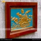  Tranh Hoa Sen 38x54cm mạ vàng 24K nền xanh khung sồi 