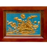  Tranh Hoa Sen 38x54cm mạ vàng 24K nền xanh khung sồi 