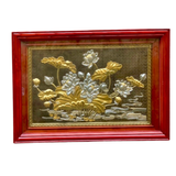  Tranh Hoa Sen 38x54cm dát vàng bạc 10K nền nâu khung gỗ sồi 