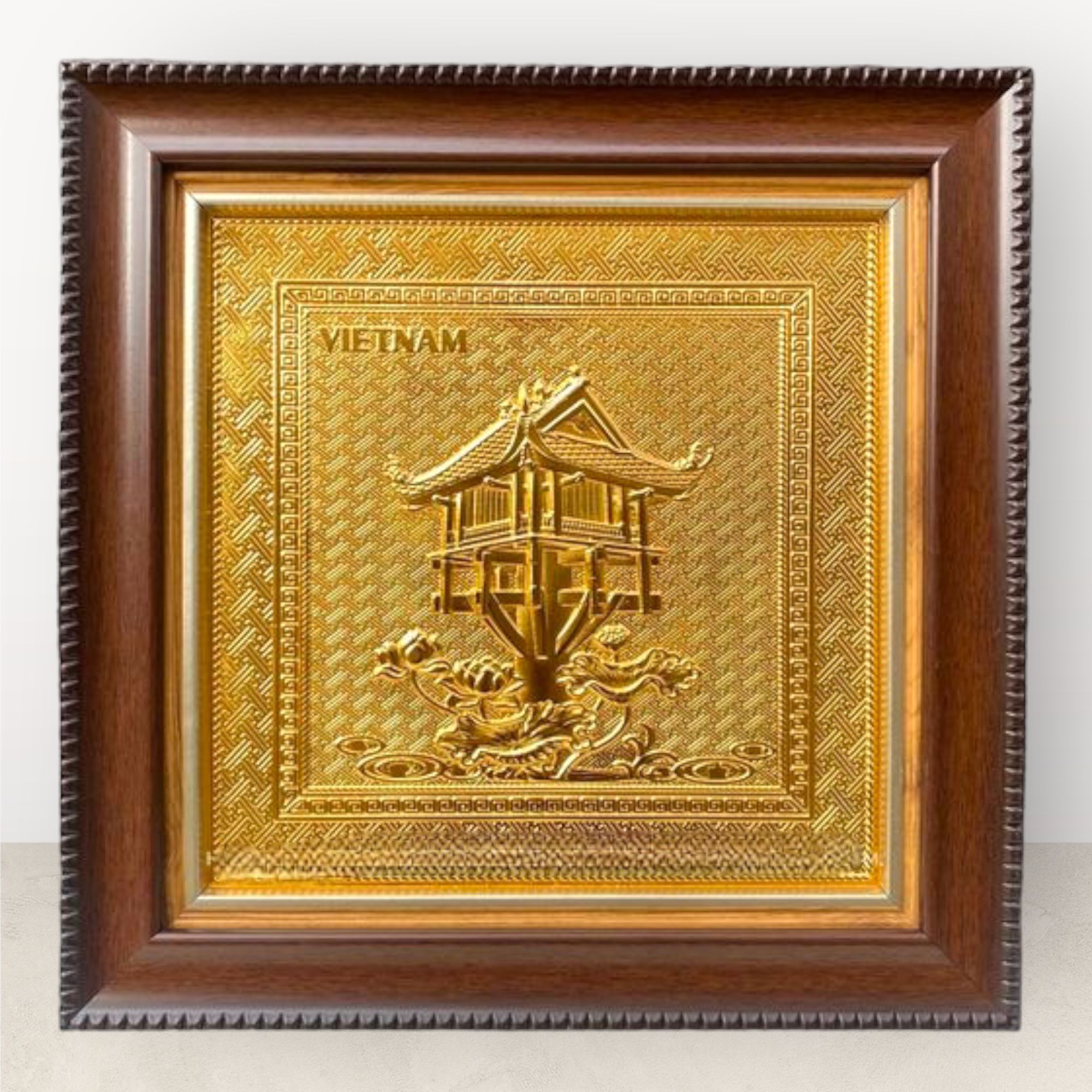  Tranh để bàn Chùa Một Cột đồng vàng mạ vàng 24K 42x42cm 