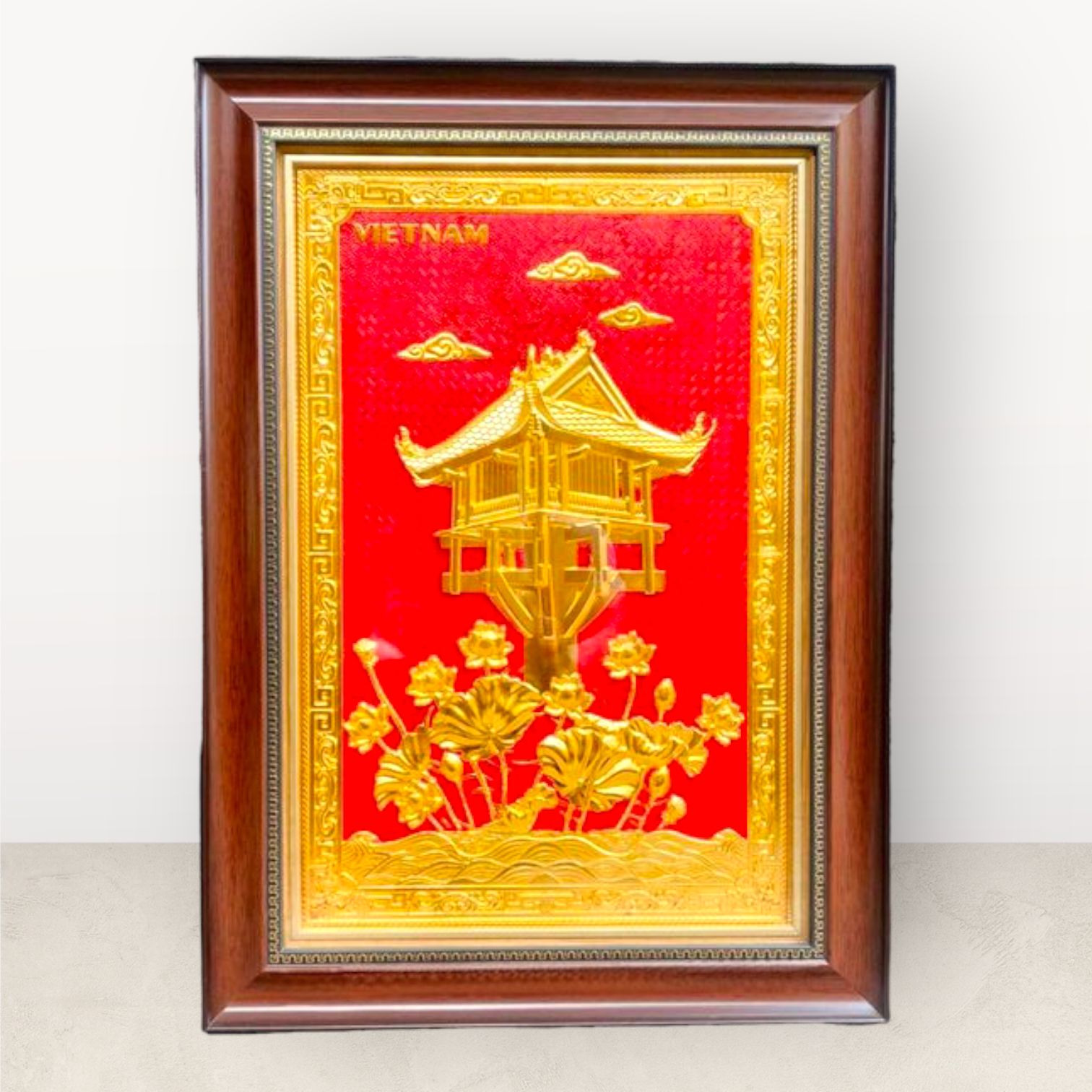  Tranh để bàn Chùa Một Cột đồng vàng mạ vàng 24K 38x54cm mẫu 2. 