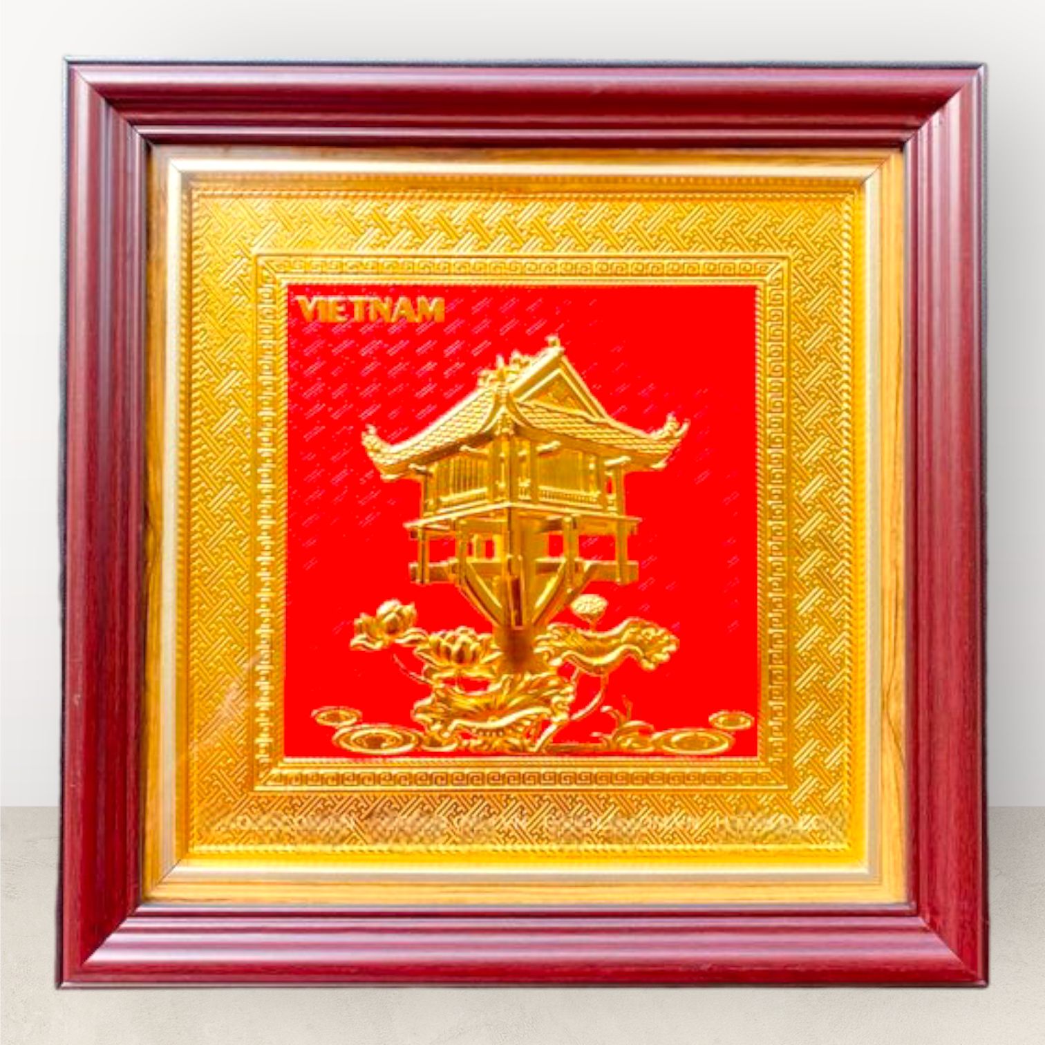  Tranh để bàn Chùa Một Cột đồng vàng mạ vàng 24K 42x42cm mẫu 1 