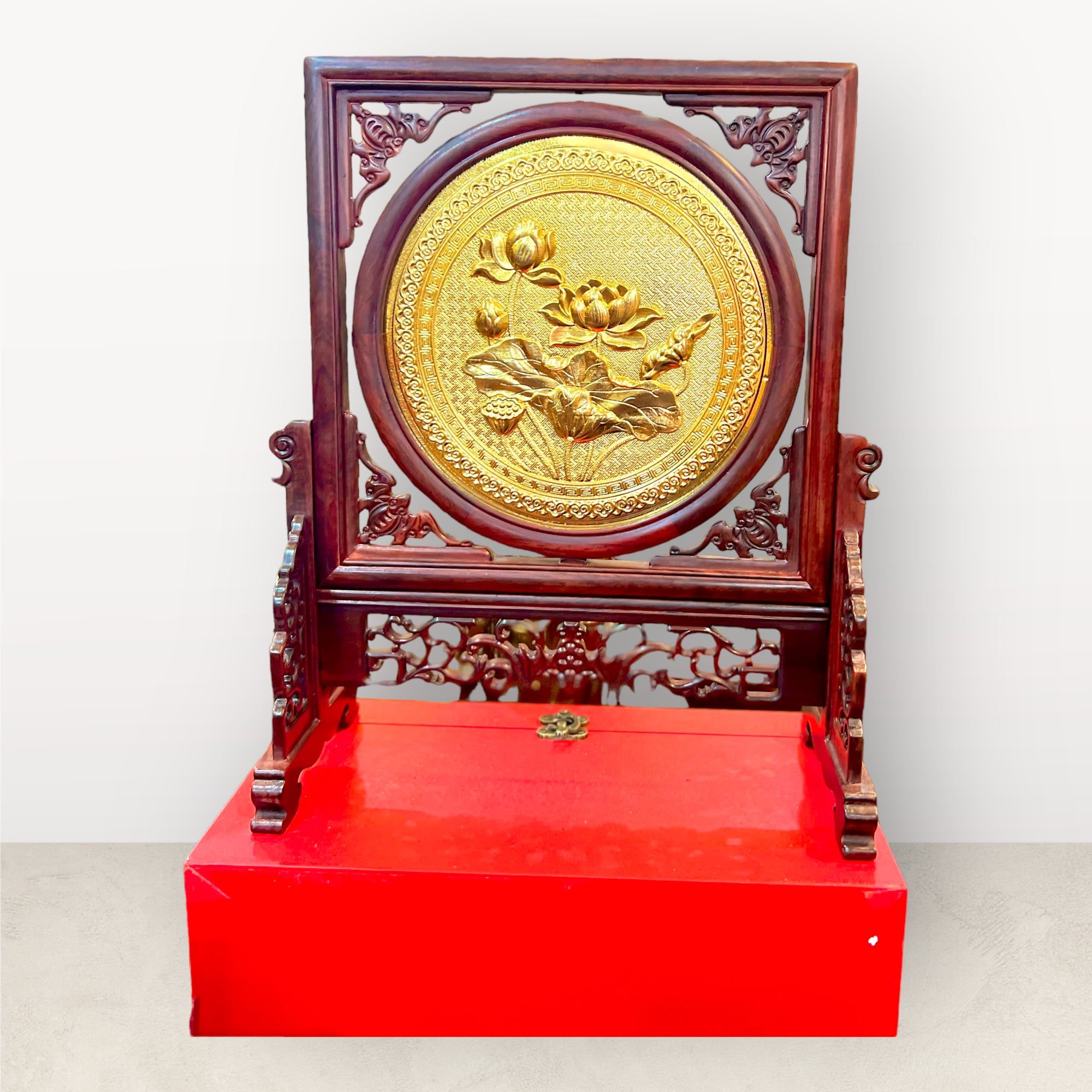  Tranh để bàn hoa sen đồng vàng mạ vàng 24K đk 20cm mẫu 6 