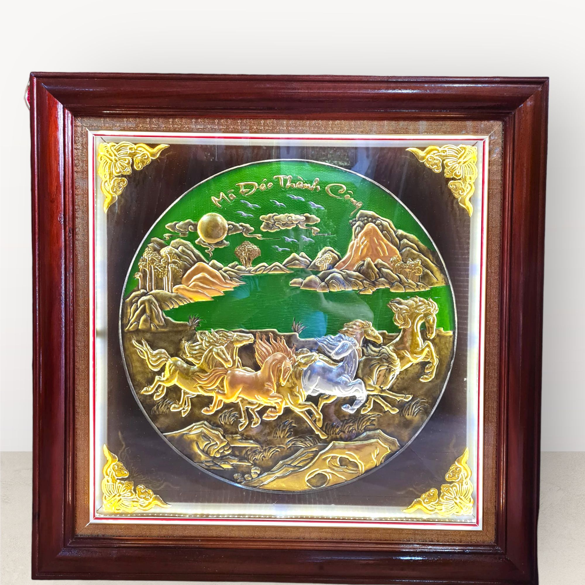  Tranh mã đáo thành công đồng vàng dát vàng bạc 80x80cm mẫu 1 