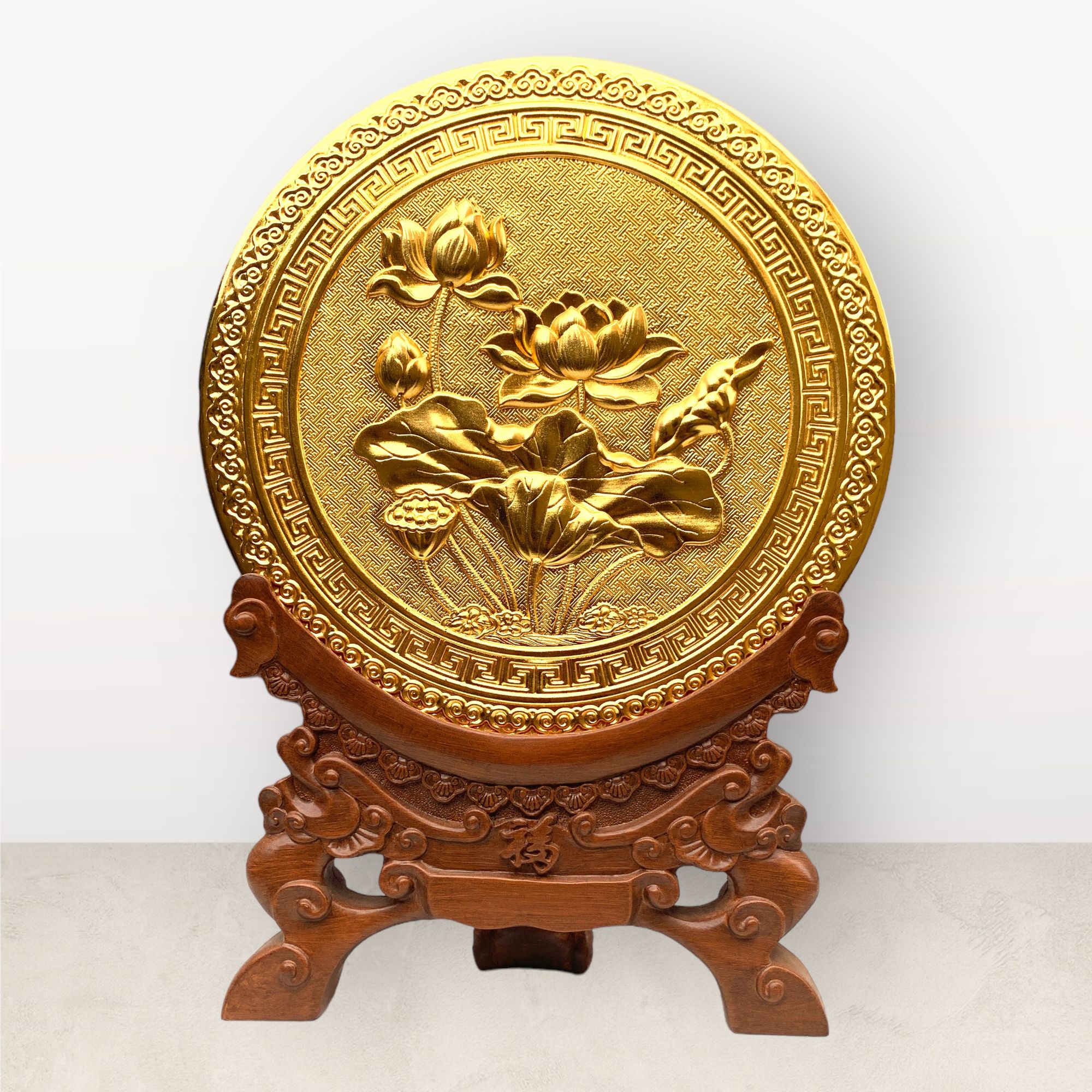  Tranh để bàn hoa sen đồng vàng mạ vàng 24K đk 30cm 