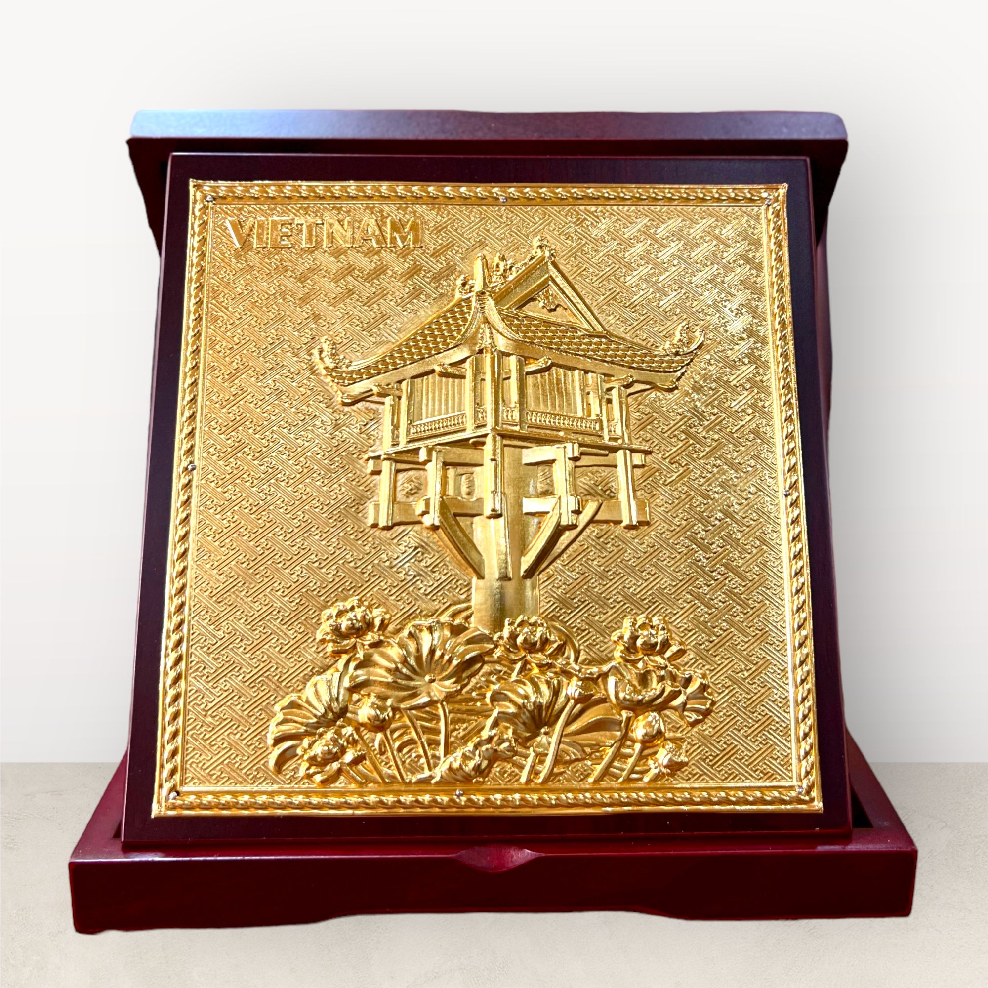  Tranh để bàn Chùa Một Cột đồng vàng mạ vàng 24K đk 23cm mẫu 1 