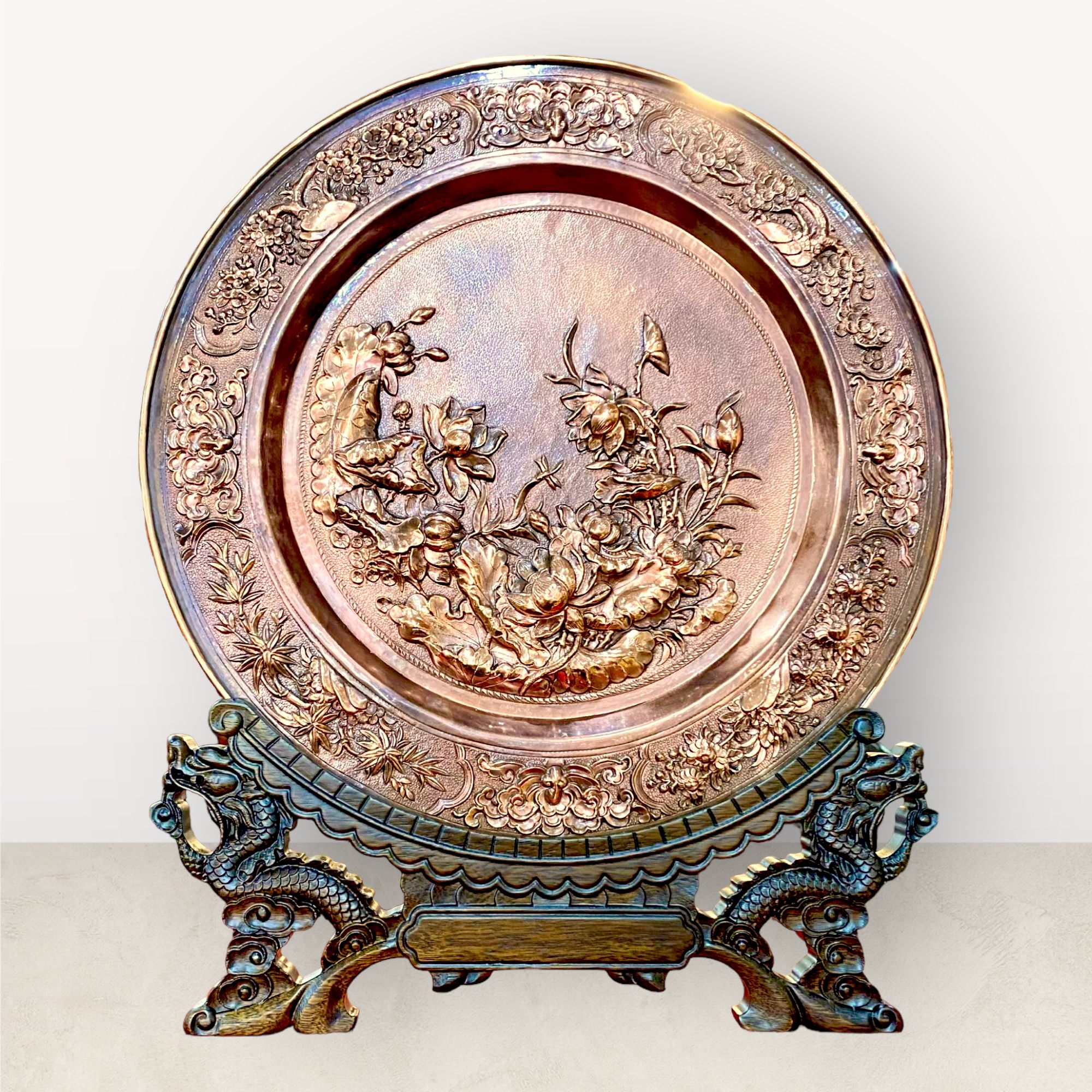  Tranh để bàn mâm hoa sen cá chép đồng đỏ đường kính 35cm 