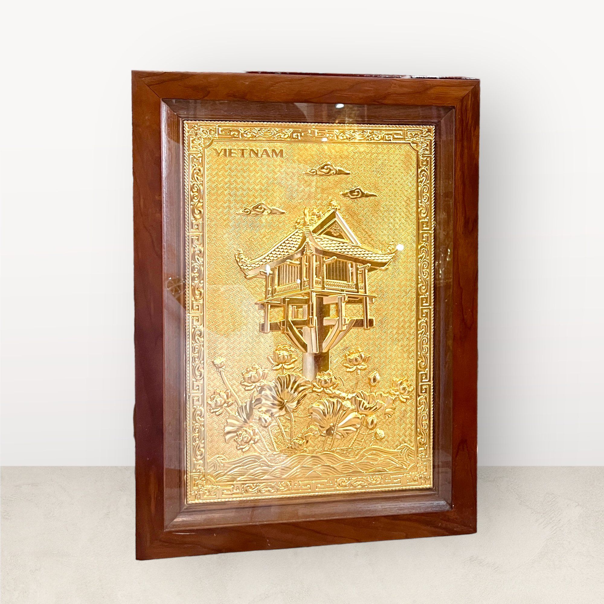  Tranh Chùa Một Cột đồng vàng mạ vàng 24K 38x54cm mẫu 1 