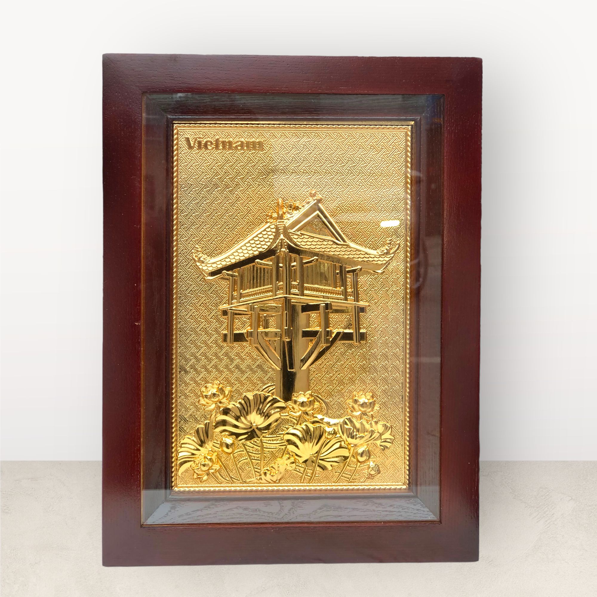  Tranh Chùa Một Cột đồng vàng mạ vàng 24K 28x38cm 