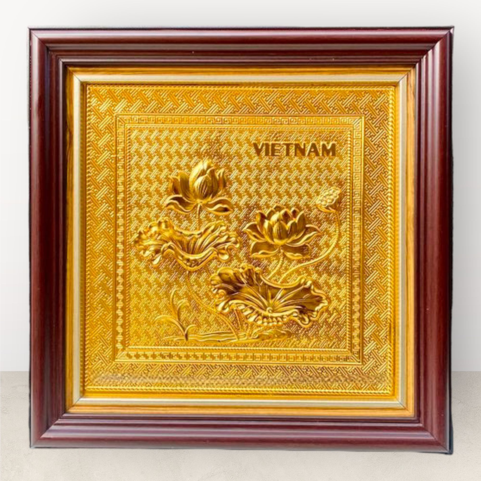  Tranh để bàn hoa sen đồng vàng mạ vàng 24K 30x30cm mẫu 4 