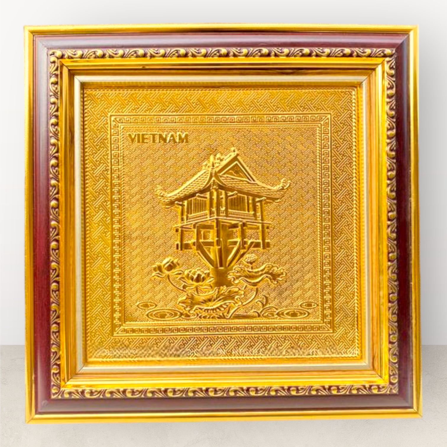  Tranh để bàn Chùa Một Cột đồng vàng mạ vàng 24K 30x30cm 