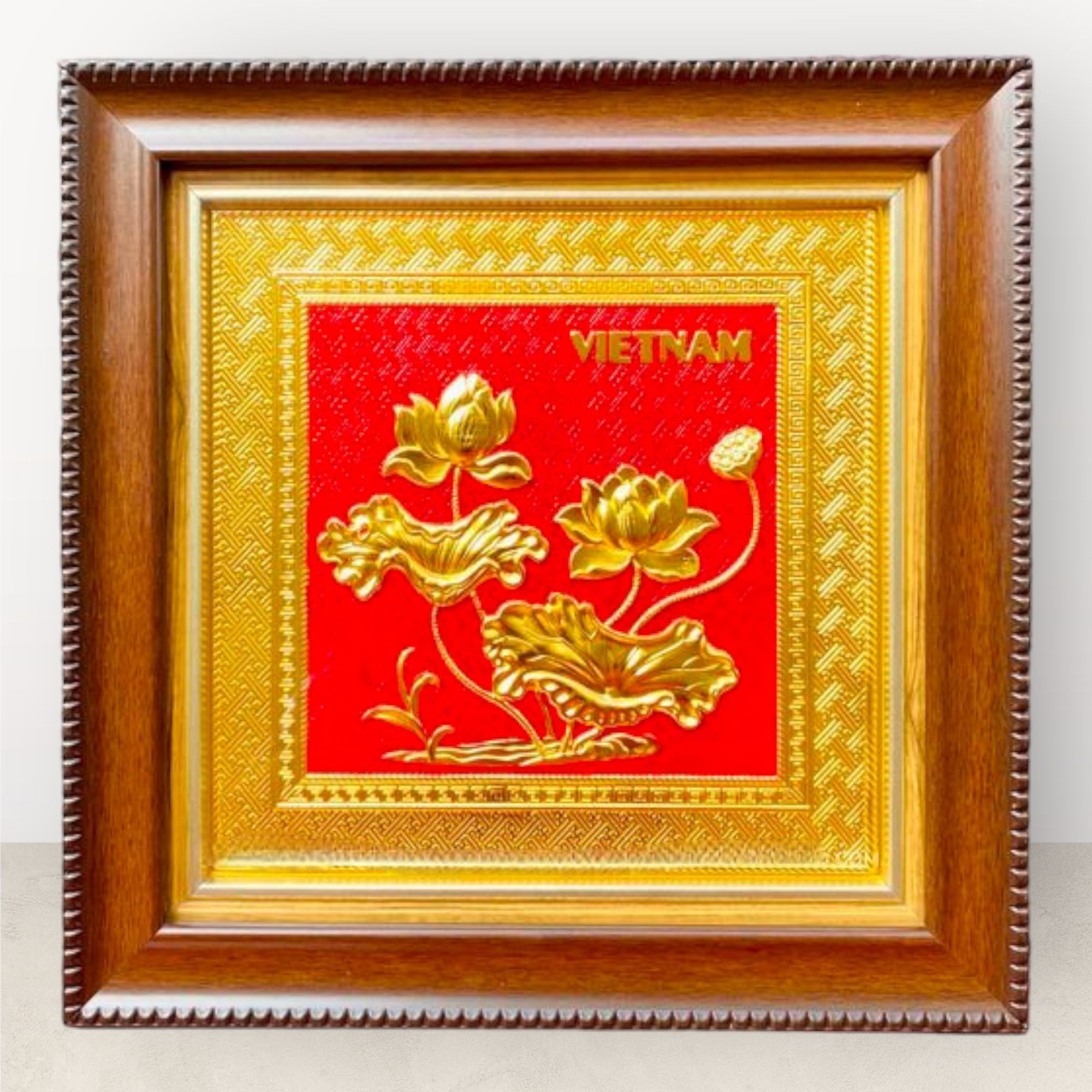  Tranh để bàn hoa sen đồng vàng mạ vàng 24K 30x30cm mẫu 5 
