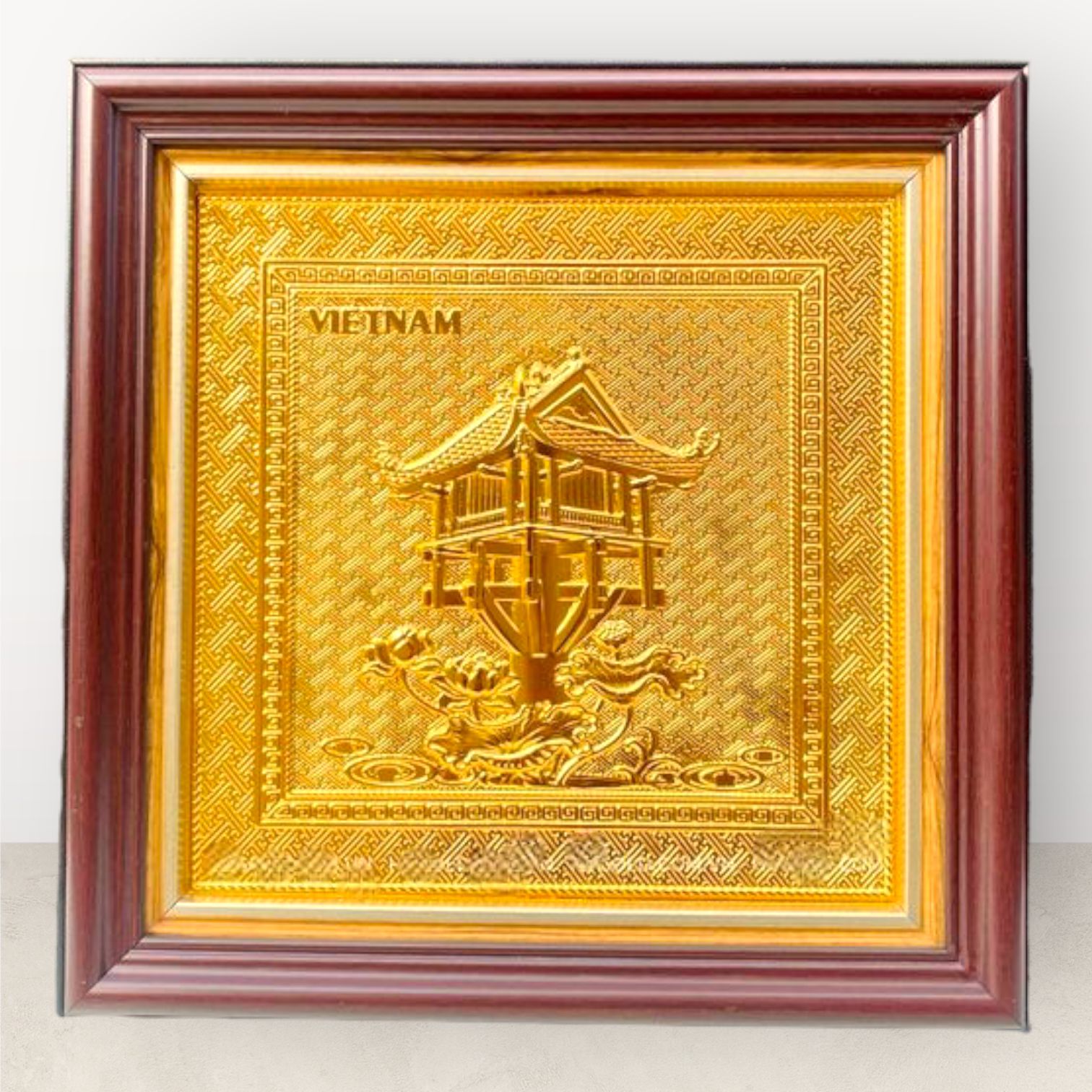 Tranh để bàn Chùa Một Cột đồng vàng mạ vàng 24K 30x30cm mẫu 1 