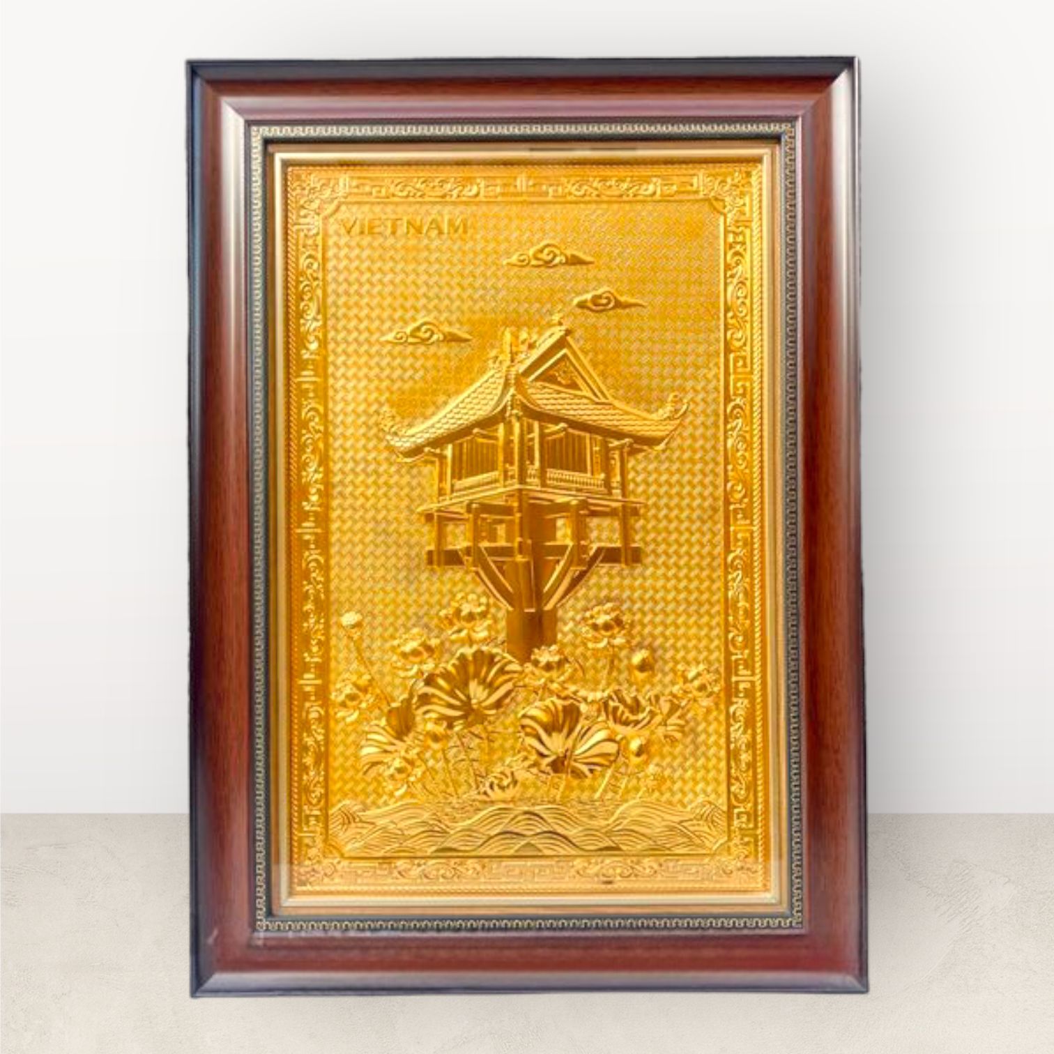  Tranh để bàn Chùa Một Cột đồng vàng mạ vàng 24K 38x54cm mẫu 2 