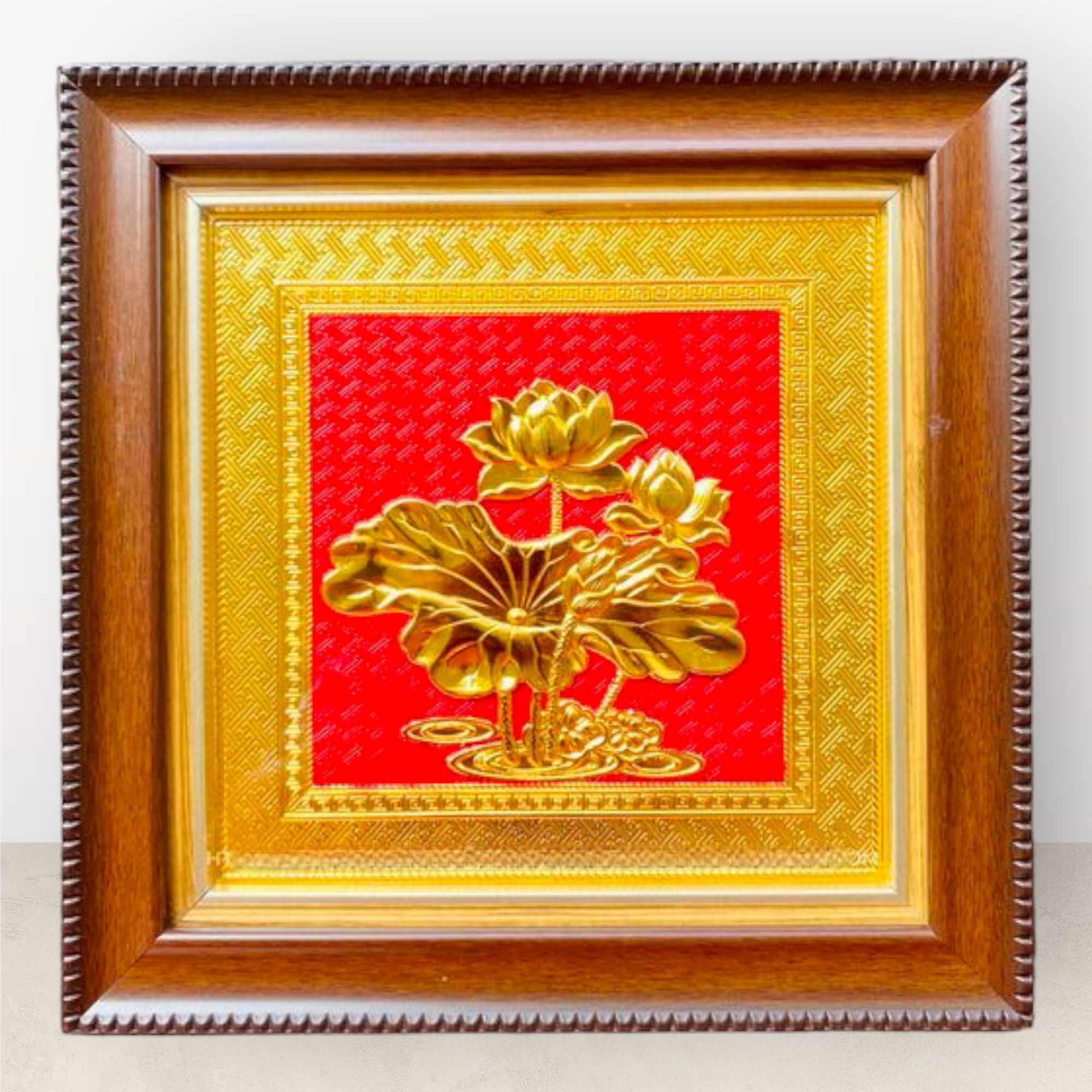  Tranh để bàn hoa sen đồng vàng mạ vàng 24K 30x30cm mẫu 7 