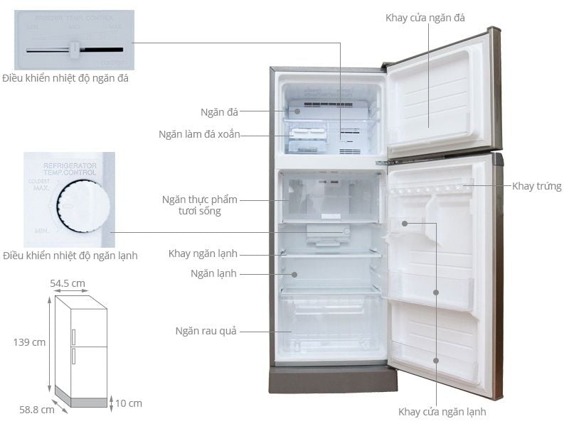Tủ lạnh SHARP SJ-218P-ST - 196 Lít, 2 cánh, ngăn đá trên