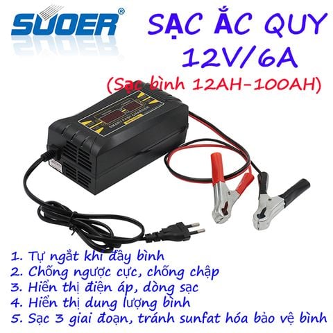Sạc ắc quy Suoer 1206D 12v 6Asạc bình 12Ah-100Ah tự ngắt khi đầy chống chập chống ngược cực