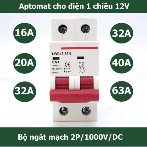 Át 1 chiều aptomat cb 1000V DC bảo vệ quá tải cho pin năng lượng mặt trời 16A/20A/25A/32A/40A/63A - CB DC 1000v- cầu dao 1 chiều- cb điện dc 1 chiều