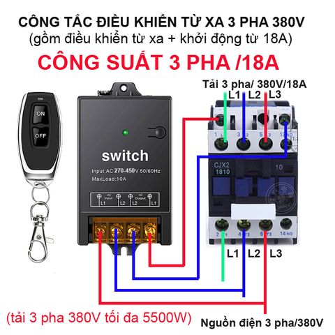 Công tắc điều khiển từ xa 3 pha 18A 380V (sử dụng cho động cơ 3 pha 5.5kw)