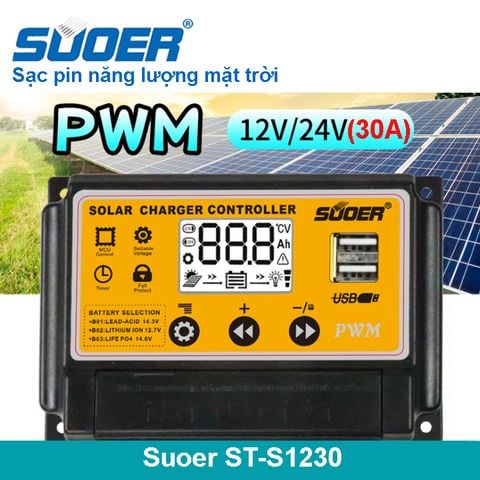Bộ điều khiển sạc năng lượng mặt trời Suoer ST-S1230 30A 12V 24V