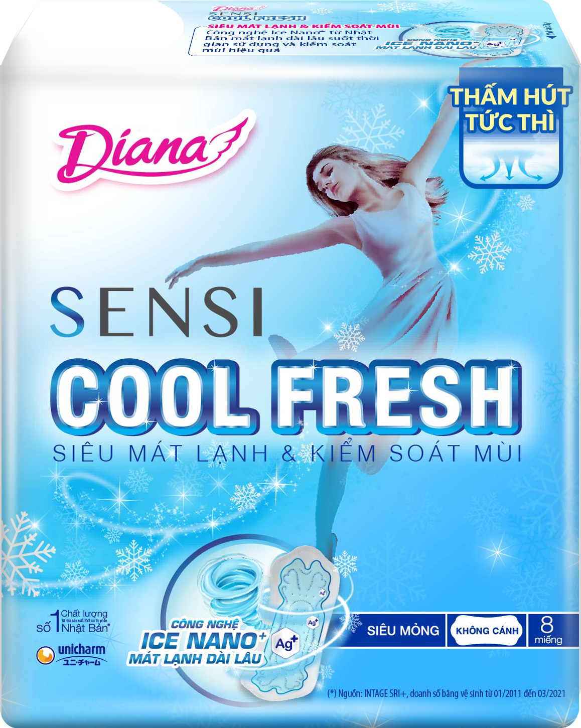  Băng vệ sinh Diana Sensi Cool Fresh siêu mỏng không cánh 23cm gói 8 miếng 