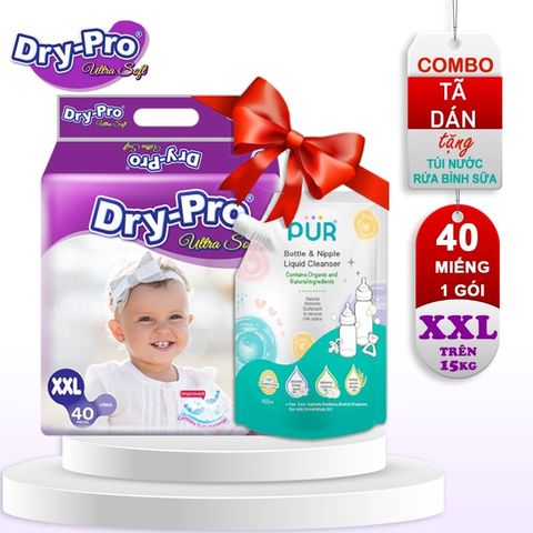  Combo tã/bỉm dán Dry-Pro XXL40 (trên 15 kg) + tặng Túi nước rửa bình sữa Pur 450ml 