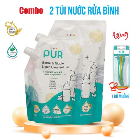  Combo 2 túi nước rửa bình sữa và núm ti Pur, gói 450ml - tặng bộ muỗng 