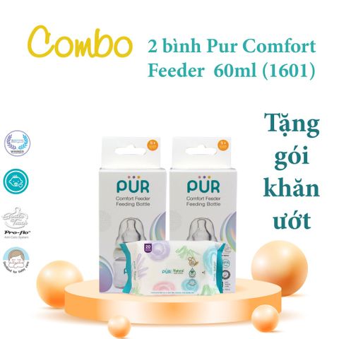  [Mã BMBAU50 giảm 7% tối đa 50K đơn 99K] Combo 2 bình Pur Comfort Feeder 60ml cho bé sơ sinh, tặng gói khăn ướt Pur 