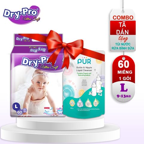  Combo tã/bỉm dán Dry-Pro L60 (9kg-13kg) + tặng Túi nước rửa bình sữa Pur 450ml 