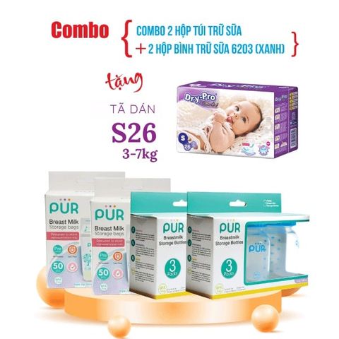  Combo 2 hộp Túi trữ sữa Pur (50 túi/hộp) + 2 hộp bình trữ sữa Pur (3 bình/hộp) + tặng 1 gói tã bỉm cho bé 