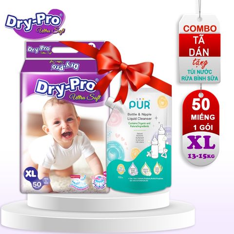  Combo Tã/bỉm dán Dry-Pro XL50 (13kg-15kg)+ tặng 1 túi nước rửa bình sữa Pur 450ml 