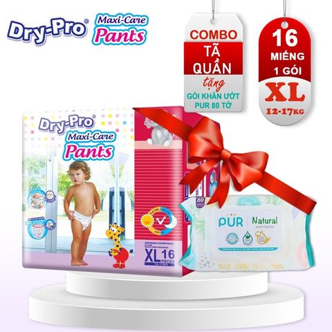  Combo Tã/bỉm quần Dry-Pro XL16 (12kg-17kg) + tặng 1 gói khăn ướt Pur 80 tờ cho bé 