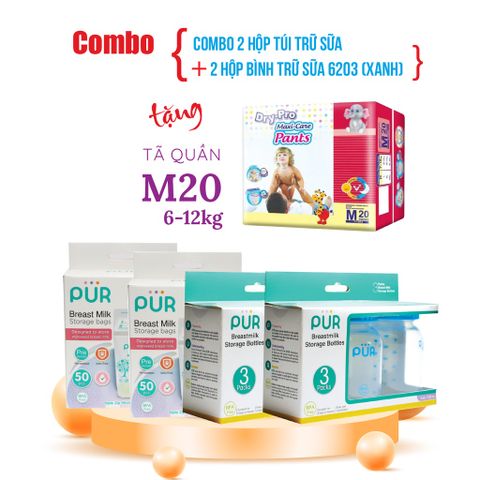  Combo 2 hộp Túi trữ sữa Pur (50 túi/hộp) + 2 hộp bình trữ sữa Pur (3 bình/hộp) + tặng 1 gói tã bỉm cho bé 