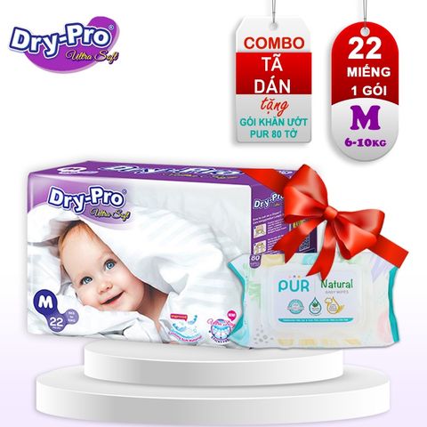  Combo Tã/bỉm dán Dry-Pro M22 (6kg-10kg) + tặng 1 gói khăn ướt Pur 80 tờ cho bé 